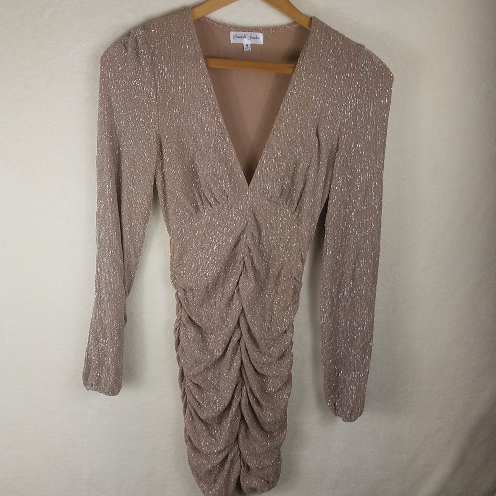 Emerald Sundae Bodycon Dress Women Medium Taupe Excellent Ruched Metallic V-Neck